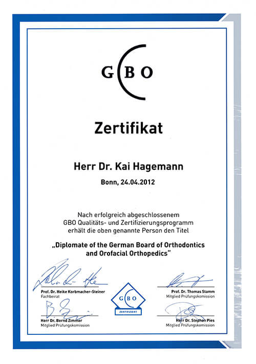 GBO Zertifikate 2012 – Diplomate of the German Board of Orthodontics and dentofacial Orthopeadics