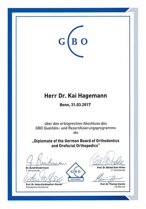 Diplomate of the German Board of Orthodontics and dentofacial Orthopeadics – Zertifikat 2017